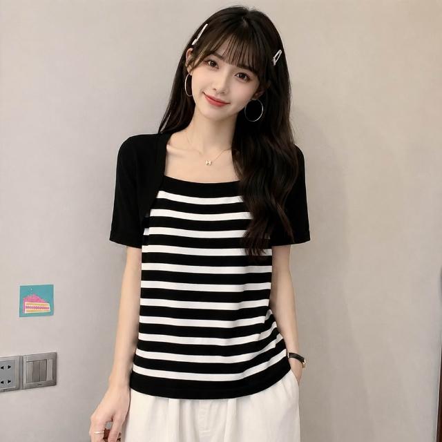 【YOUNGBABY】大方方領條紋針織假兩件式上衣 中大尺碼女裝