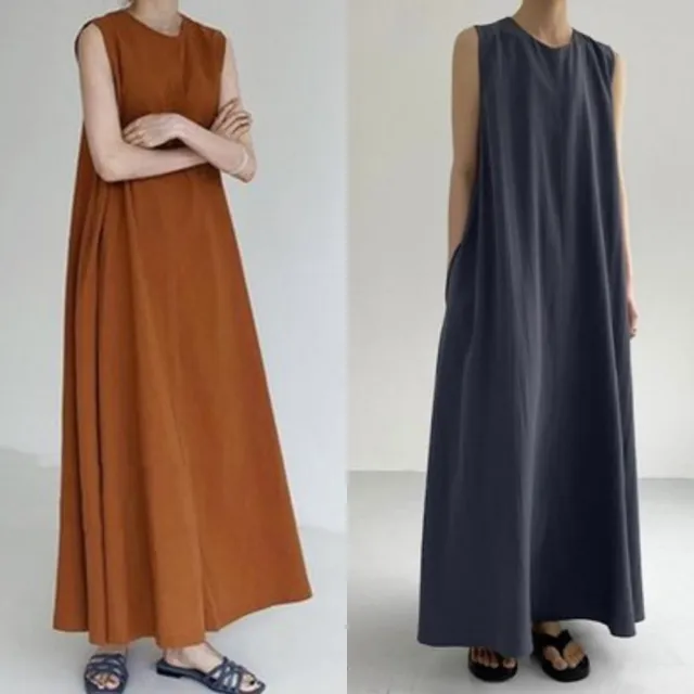 【米蘭精品】現貨出清 連身裙棉麻洋裝長裙連衣裙A字裙休閒大碼女裝(圓領寬鬆短袖女裙子3款74cs38)