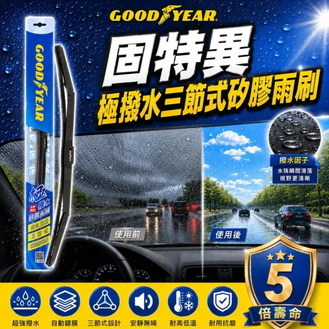 【GOODYEAR 固特異】極撥水三節式矽膠雨刷 14-26吋 前雨刷｜鍍膜雨刷｜三節式雨刷｜撥水雨刷｜多接頭通用