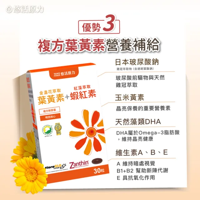 【悠活原力】全新升級 金盞花萃取葉黃素+紅藻萃取蝦紅素x3(30mg/粒 30粒/盒 共90粒 升級版)
