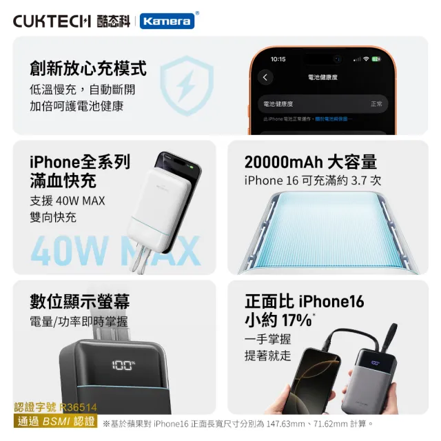 【CUKTECH 酷態科】CP24電能塊 20000mAh 40W 自帶雙線 行動電源LPB200NL Wh標示 3C認證 BSMI