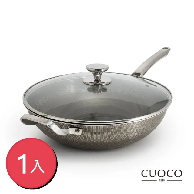 【CUOCO】義大利CUOCO 至尊旗艦版 304雷射鈦晶鋼炒鍋34cm附蓋X1入 (不鏽鋼炒鍋/物理不沾鍋/七層強化)