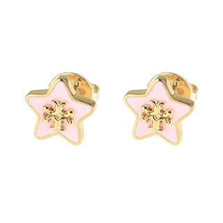 【TORY BURCH】TORY BURCH Kira立體雙T字LOGO黃銅琺瑯星星設計針式耳環(粉紅x金)
