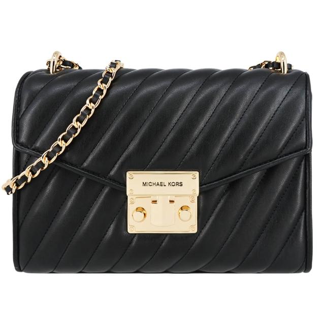 【Michael Kors】ROSE系列 金字LOGO 衍縫皮革 金鍊 翻蓋包 (經典黑/大款)