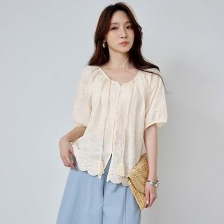 【OB 嚴選】純棉細緻刺繡綁帶澎袖上衣 《AB21207》 適 2L~5L