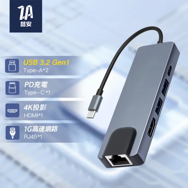【ZA 喆安】5合1 Type-C HUB轉接集線器 支援USB-C to HDMI投影/PD充電/3.2/外接網卡 適用MacBook/手機/筆電