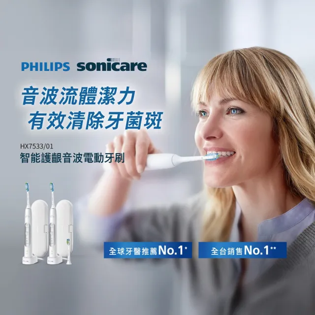 【Philips 飛利浦】HX7533/01 Sonicare智能護齦音波震動牙刷雙機組 (3種模式/鑽石刷頭/官方直營)