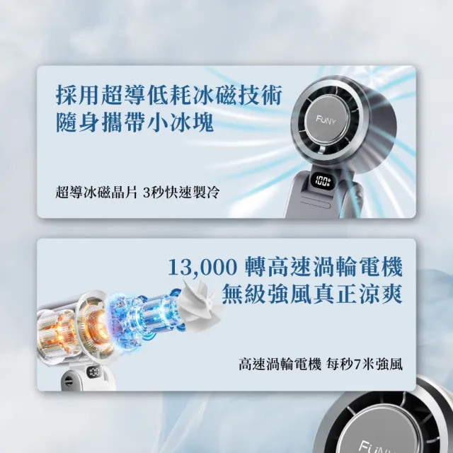 【FUNY】冰鎮渦輪多功能風扇 手持 脖掛風扇(可折角 底部掛勾可桌立 3秒製冷 100檔無級強風)
