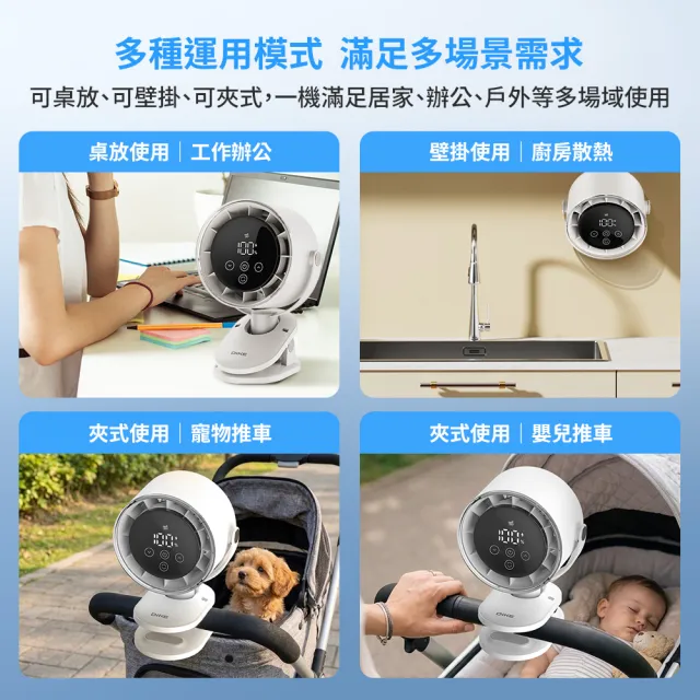 【DIKE】自動擺頭 夾式/壁掛/桌放-100檔無段式風扇 Type-C充電/LED顯示 BSMI認証(DUF202)