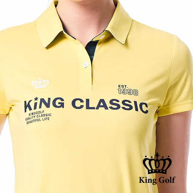 【KING GOLF】網路限定款-女款素色迷彩撞色領logo印花POLO衫/高爾夫球衫-黃色