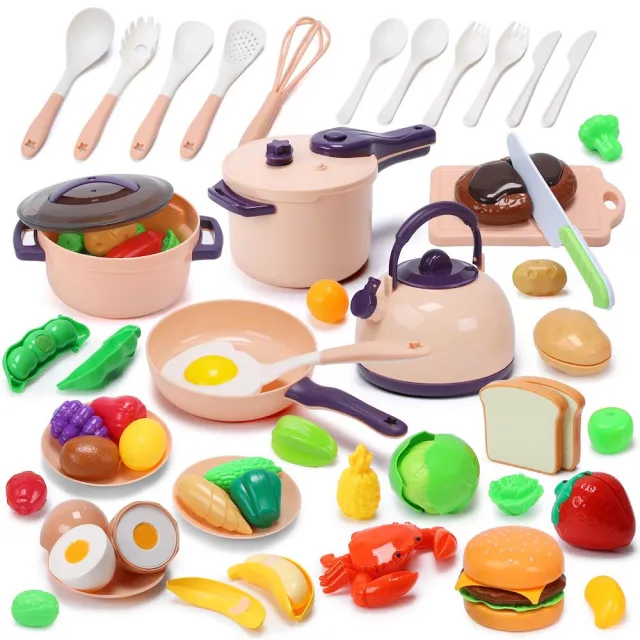 【CuteStone】兒童廚房玩具家家酒玩具50件組(仿真廚具壓力鍋/切切樂/美味漢堡/角色扮演/生日禮物/交換禮物)