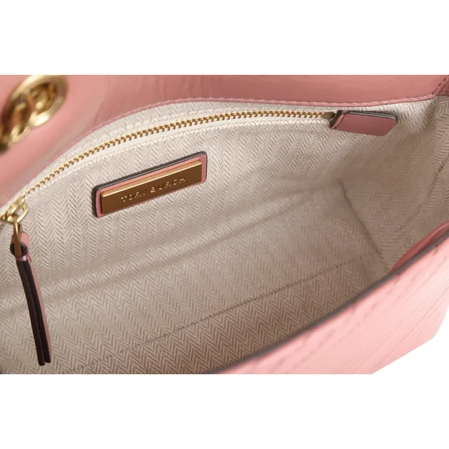 【TORY BURCH】Kira Moto牛皮斜紋鍊帶翻蓋包 斜背包-粉色