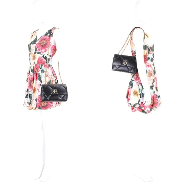 【TORY BURCH】Kira 雙T標誌菱格絎縫牛皮翻蓋肩 斜背鏈帶包 小款-黑色