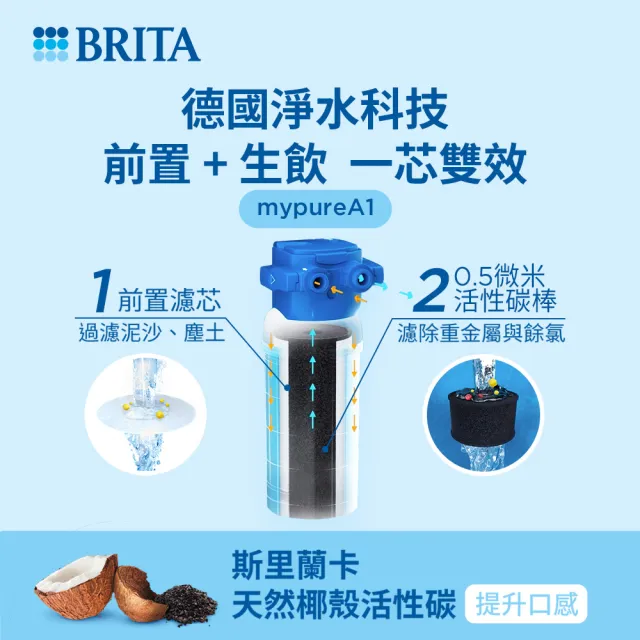 【BRITA】官方直營 mypure A1長效型櫥下濾水系統+A1000濾芯_內含2芯(國家標準可生飲 超大濾水量)