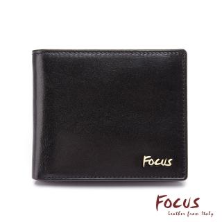 【FOCUS】真皮時尚黑雙透明窗6卡拉鏈零錢袋男短夾FGB2245(義大利植鞣革/頭層牛皮/男皮夾)