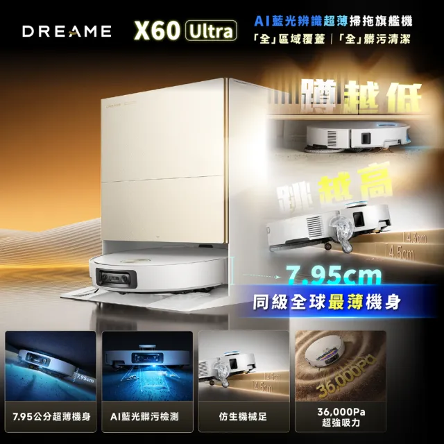 【Dreame 追覓科技】同級最薄！X60 Ultra AI藍光辨識超薄掃拖旗艦機（7.95超薄機身/連續越障最高8.8cm）