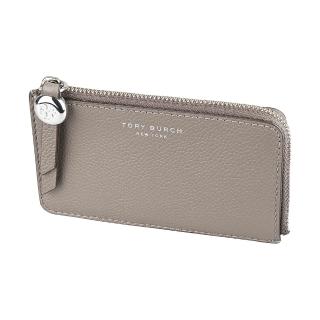 【TORY BURCH】TORY BURCH Romy經典燙銀LOGO小牛皮4卡拉鍊零錢卡夾包(灰褐)