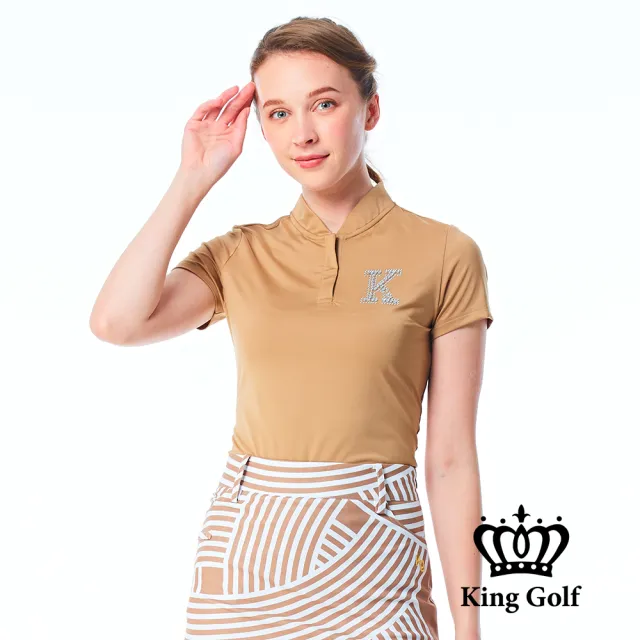 【KING GOLF】網路限定款-女款素面立體燙鑽襯衫立領拉鍊POLO衫/高爾夫球衫-卡其