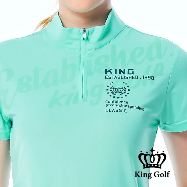 【KING GOLF】網路限定款-女款素色底紋雙色印花立領拉鍊POLO衫/高爾夫球衫-綠色