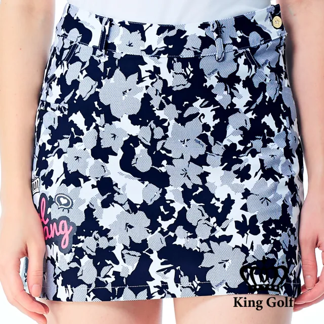 【KING GOLF】網路限定款-女款扶桑迷彩印花修身A LINE短裙/高爾夫球裙-丈青