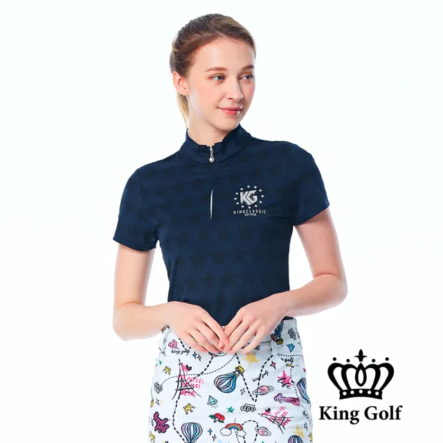 【KING GOLF】網路限定款-女款星星滿版底圖立領POLO衫/高爾夫球衫-丈青