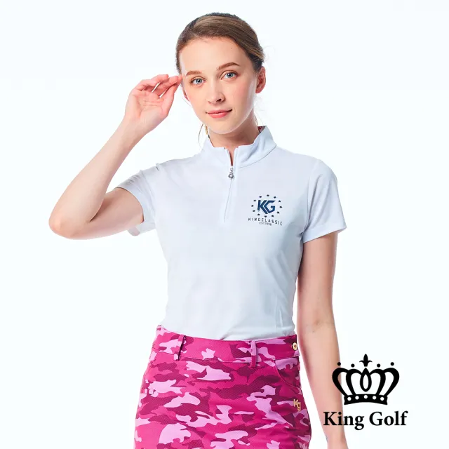 【KING GOLF】網路限定款-女款星星滿版底圖立領POLO衫/高爾夫球衫-白色