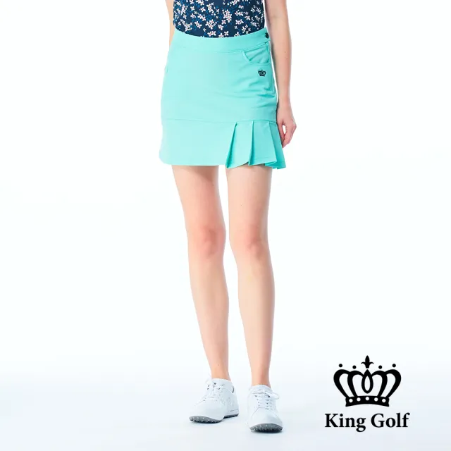 【KING GOLF】網路限定款-女款立體刺繡素面修身荷葉百褶A LINE短裙/高爾夫球裙-綠色