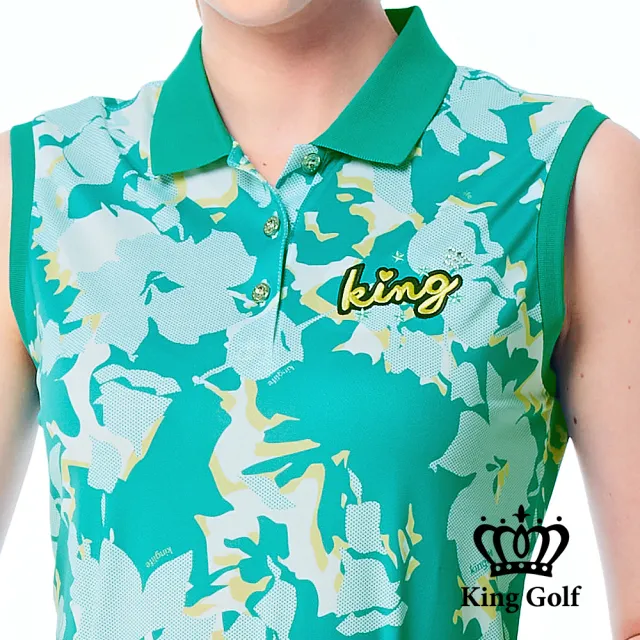 【KING GOLF】網路限定款-女款燙鑽刺繡迷彩印花撞色領口無袖背心POLO衫/高爾夫球衫-綠色