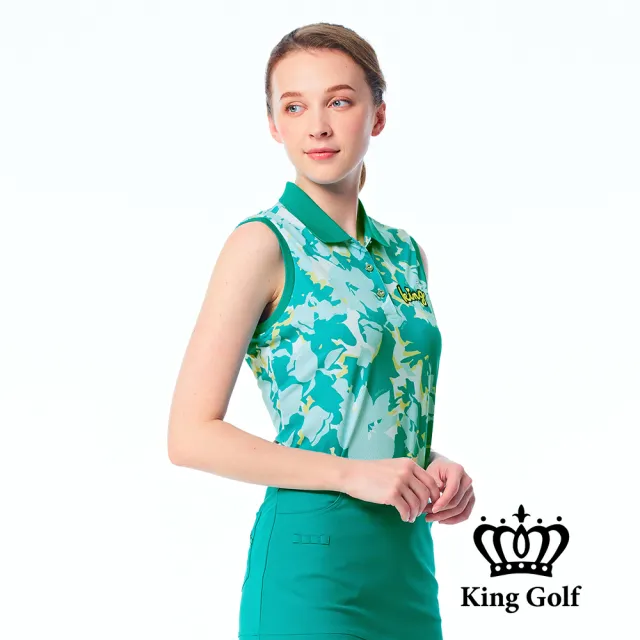 【KING GOLF】網路限定款-女款燙鑽刺繡迷彩印花撞色領口無袖背心POLO衫/高爾夫球衫-綠色