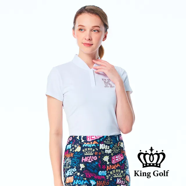 【KING GOLF】網路限定款-女款素面立體燙鑽襯衫立領拉鍊POLO衫/高爾夫球衫-白色