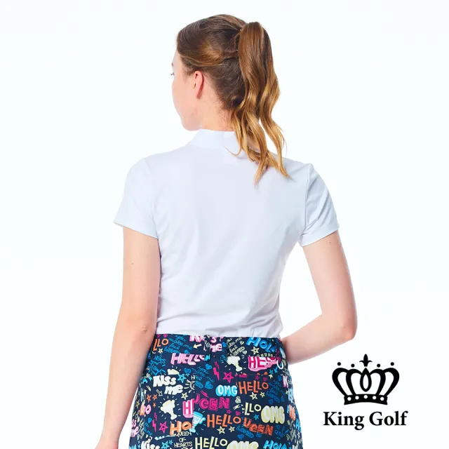 【KING GOLF】網路限定款-女款素面立體燙鑽襯衫立領拉鍊POLO衫/高爾夫球衫-白色