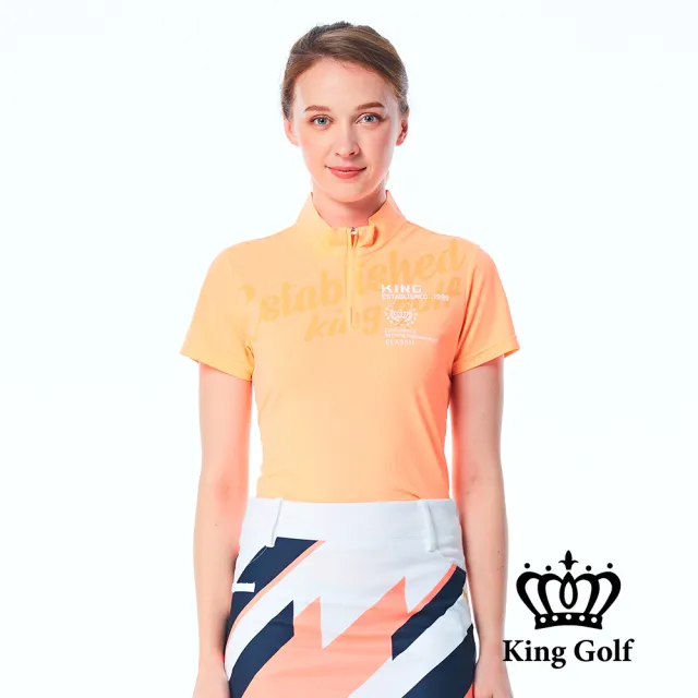 【KING GOLF】網路限定款-女款素色底紋雙色印花立領拉鍊POLO衫/高爾夫球衫-橘色