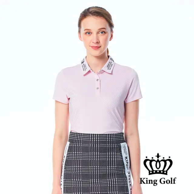 【KING GOLF】網路限定款-女款素色領口文字千鳥格印花POLO衫/高爾夫球衫-粉色