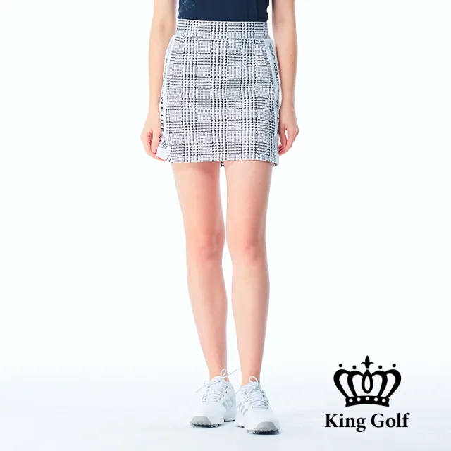 【KING GOLF】網路限定款-女款千鳥格紋側拼接A LINE短裙/高爾夫球裙-白色