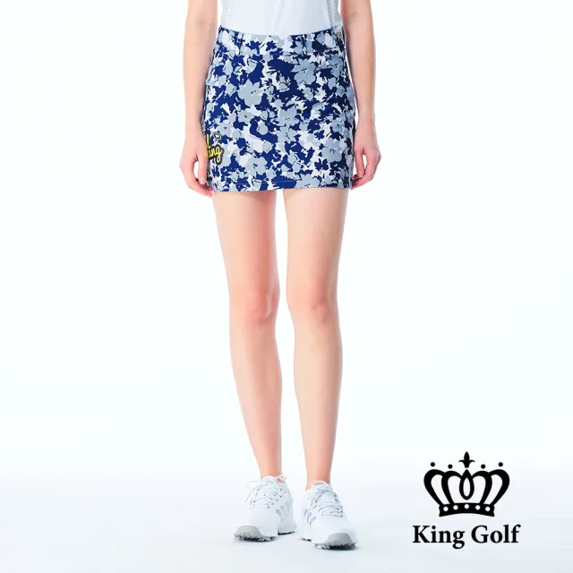 【KING GOLF】網路限定款-女款扶桑迷彩印花修身A LINE短裙/高爾夫球裙-藍色