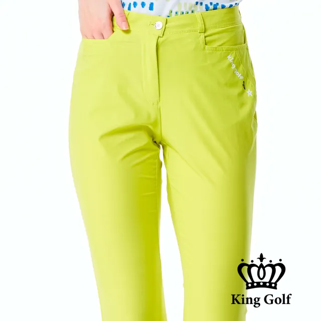 【KING GOLF】網路限定款-女款LOGO燙印舒適修身素面休閒長褲/高爾夫球褲-螢光綠色