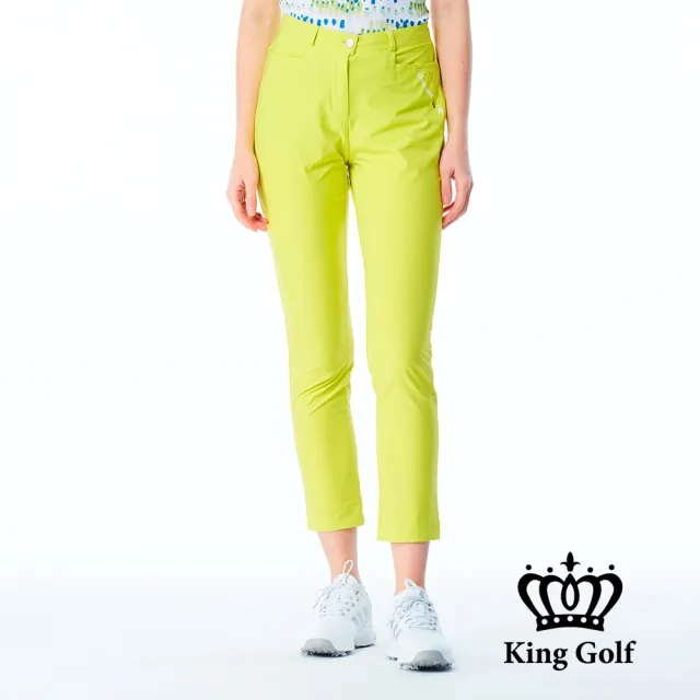 【KING GOLF】網路限定款-女款LOGO燙印舒適修身素面休閒長褲/高爾夫球褲-螢光綠色