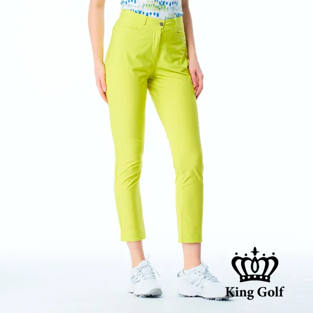 【KING GOLF】網路限定款-女款LOGO燙印舒適修身素面休閒長褲/高爾夫球褲-螢光綠色