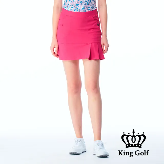 【KING GOLF】網路限定款-女款立體刺繡素面修身荷葉百褶A LINE短裙/高爾夫球裙-桃紅色