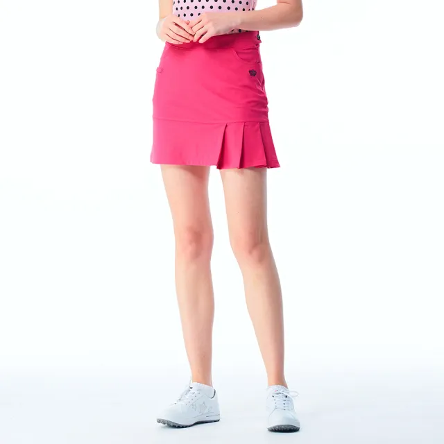 【KING GOLF】網路限定款-女款立體刺繡素面修身荷葉百褶A LINE短裙/高爾夫球裙-桃紅色