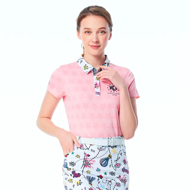 【KING GOLF】網路限定款-女款星星滿版底圖撞色塗鴉領口印花POLO衫/高爾夫球衫-粉色