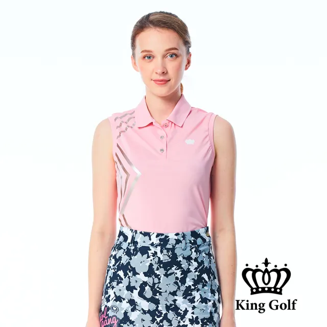 【KING GOLF】網路限定款-女款素色燙銀線條無袖背心POLO衫/高爾夫球衫-粉色