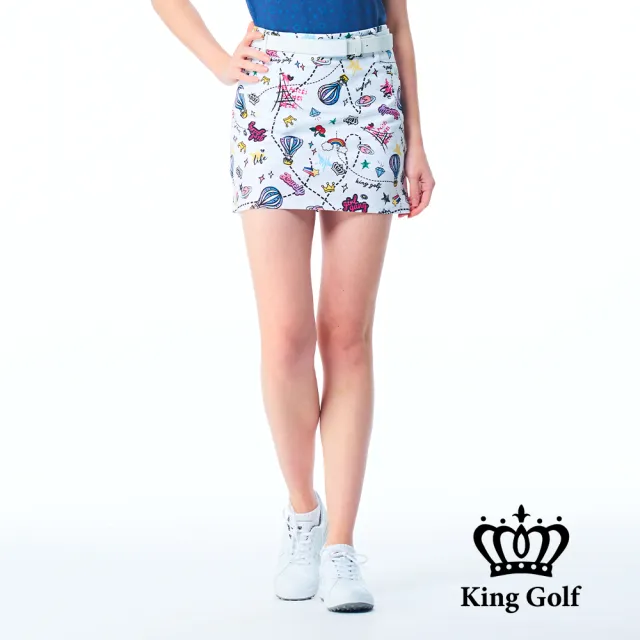 【KING GOLF】網路限定款-女款滿版繽紛熱氣球印花A LINE短裙/高爾夫球裙-白色