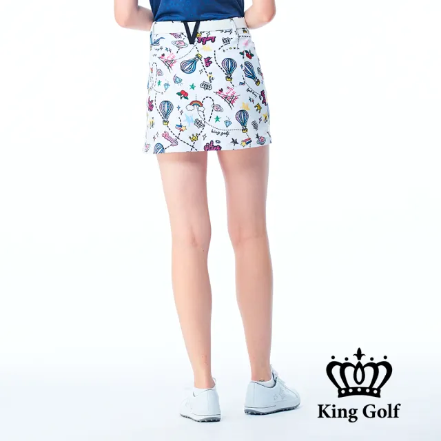 【KING GOLF】網路限定款-女款滿版繽紛熱氣球印花A LINE短裙/高爾夫球裙-白色