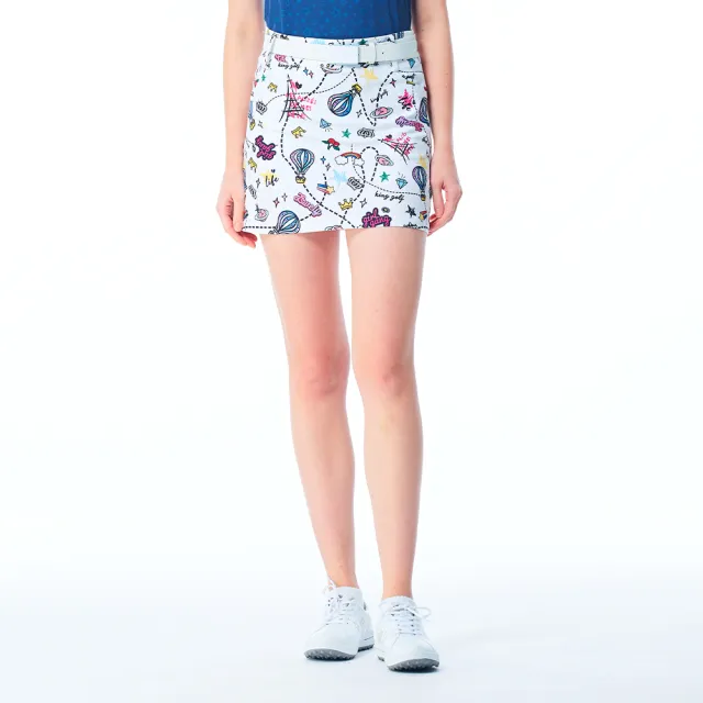 【KING GOLF】網路限定款-女款滿版繽紛熱氣球印花A LINE短裙/高爾夫球裙-白色