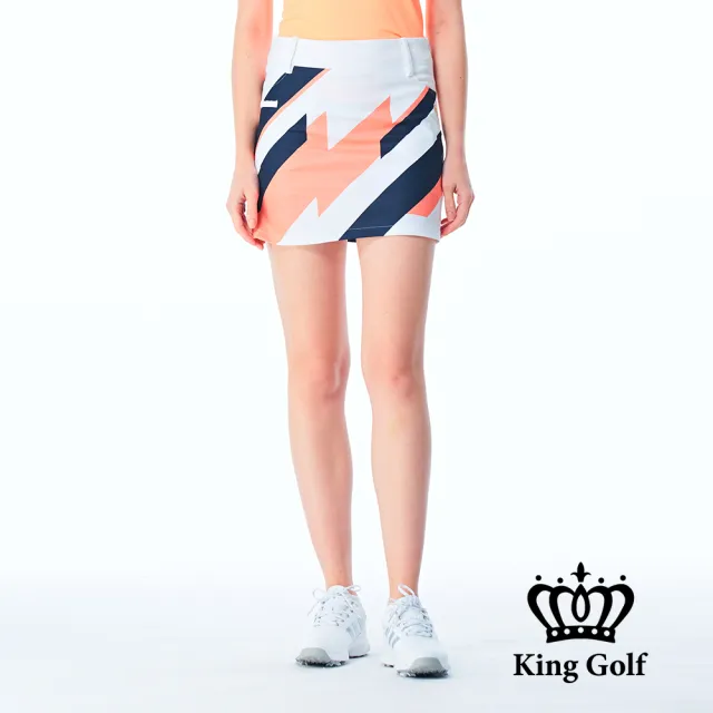 【KING GOLF】網路限定款-女款撞色線條色塊修身A LINE短裙/高爾夫球裙-橘色