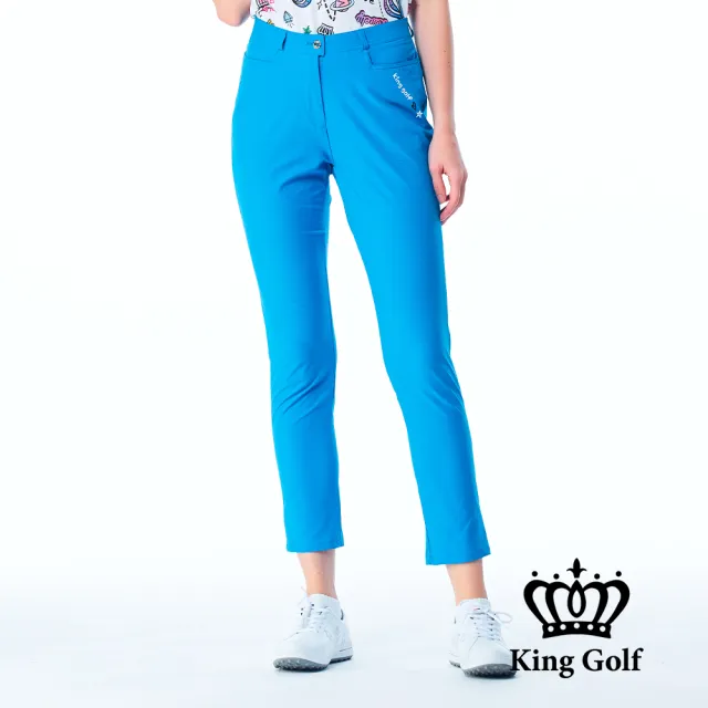 【KING GOLF】網路限定款-女款LOGO燙印舒適修身素面休閒長褲/高爾夫球褲-藍色