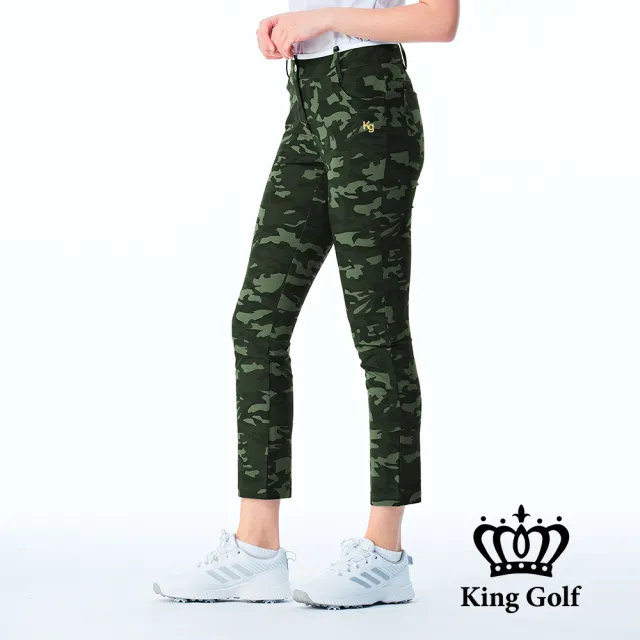 【KING GOLF】網路限定款-女款立體皇冠刺繡滿版數位迷彩印圖舒適修身休閒長褲/高爾夫球褲-綠色