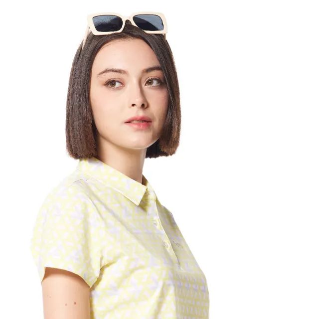 【Lynx Golf】女款吸溼排汗機能滿版配色線條印花Lynx字樣繡花短袖POLO衫/高爾夫球衫(淺黃色)