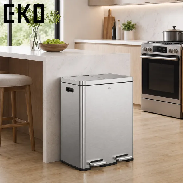 【EKO】不鏽鋼分類垃圾桶30L+30L(雙桶設計 分離腳踏式垃圾桶 廚房回收分類 防臭靜音)